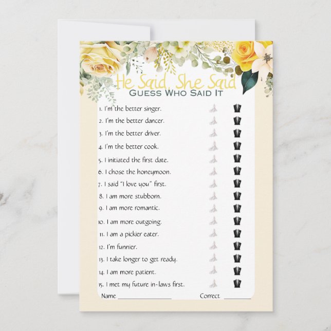 Er sagte, sie sagte Brautparty Game Einladung (Vorderseite)