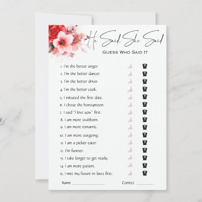Er sagte, sie sagte Brautparty Game Einladung (Vorderseite)