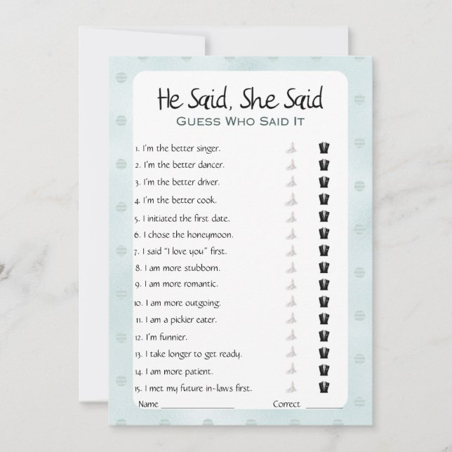Er sagte, sie sagte Brautparty Game Einladung (Vorderseite)
