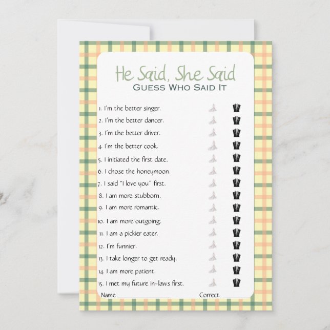 Er sagte, sie sagte Brautparty Game Einladung (Vorderseite)