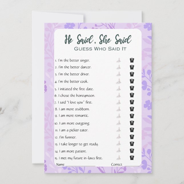 Er sagte, sie sagte Brautparty Game Einladung (Vorderseite)
