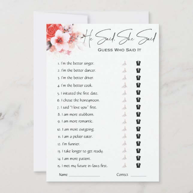 Er sagte, sie sagte Brautparty Game Einladung (Vorderseite)
