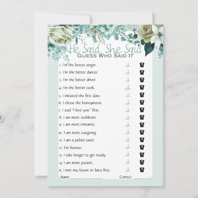 Er sagte, sie sagte Brautparty Game Einladung (Vorderseite)
