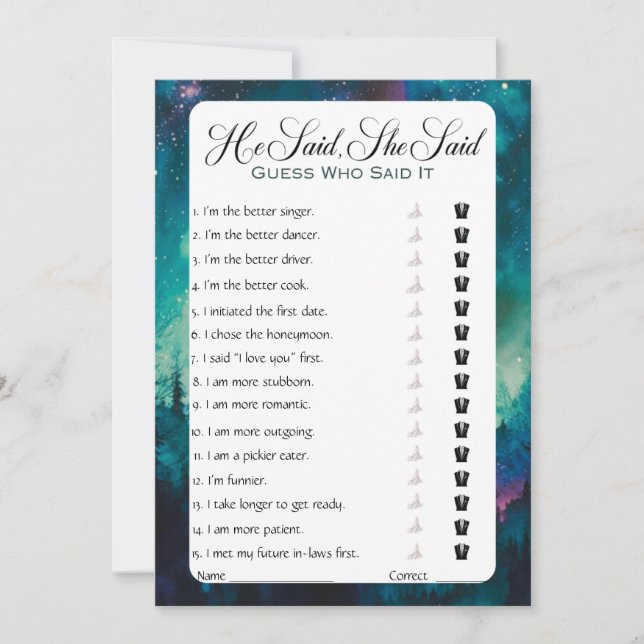 Er sagte, sie sagte Brautparty Game Einladung (Vorderseite)