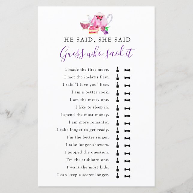 Er sagte, sie sagte, Brautparty Game Tee Lila (Vorderseite)