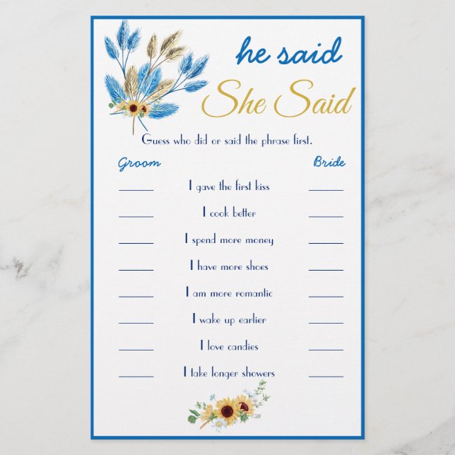Er sagte / sie sagte Bridal Game Card Flyer (Vorne)