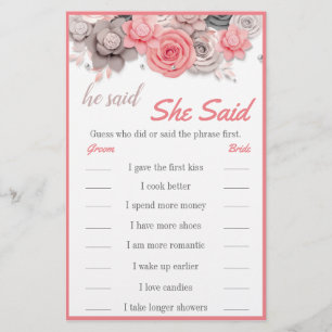 Er sagte: "Sie sagte Bridal Game Card Flyer