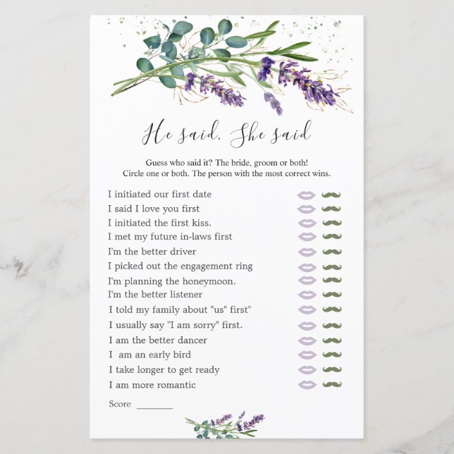 Er sagte, sie sagte Bridal Game, Lavender Eucalypt (Vorderseite)