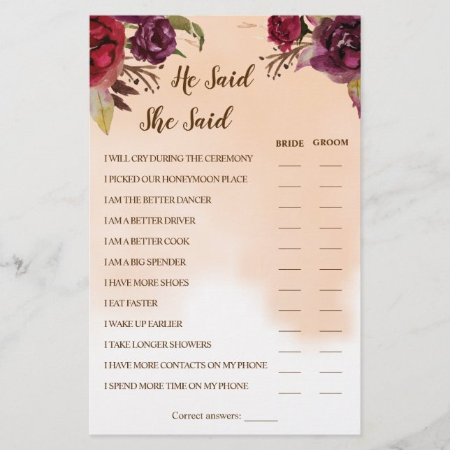 Er sagte, sie sagte Burgundy Couple Dusche Game Ca Flyer (Vorne)