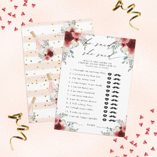 Er sagte, sie sagte Champagne Floral Party Game Begleitkarte