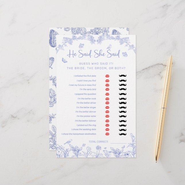 Er sagte, sie sagte Chinoiserie Brautparty Game (Vorderseite/Rückseite Beispiel)