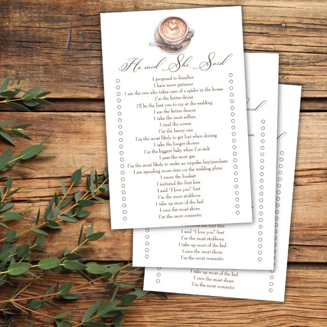 Er sagte, sie sagte, dass das Brautparty "Kaffeefa (He said she said love is brewing coffee cappuccino fall bridal shower games)