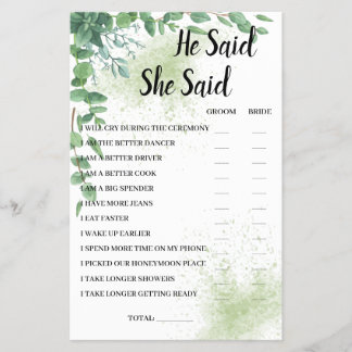 Er sagte, sie sagte Eucalyptus BridalShower Game C Flyer