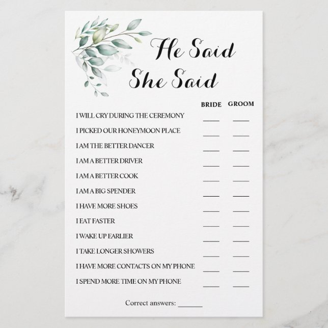 Er sagte, sie sagte Eucalyptus CoupleShower Game C Flyer (Vorne)