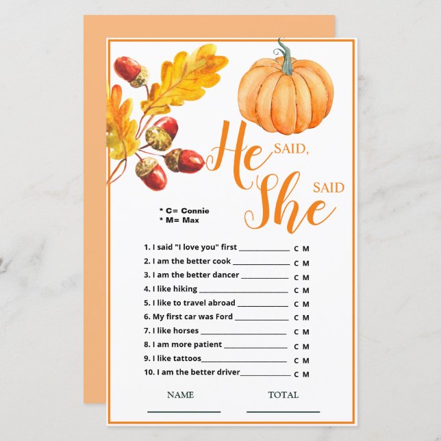 Er sagte, sie sagte Fall Pumpkin Bridal Game (Vorne/Hinten)