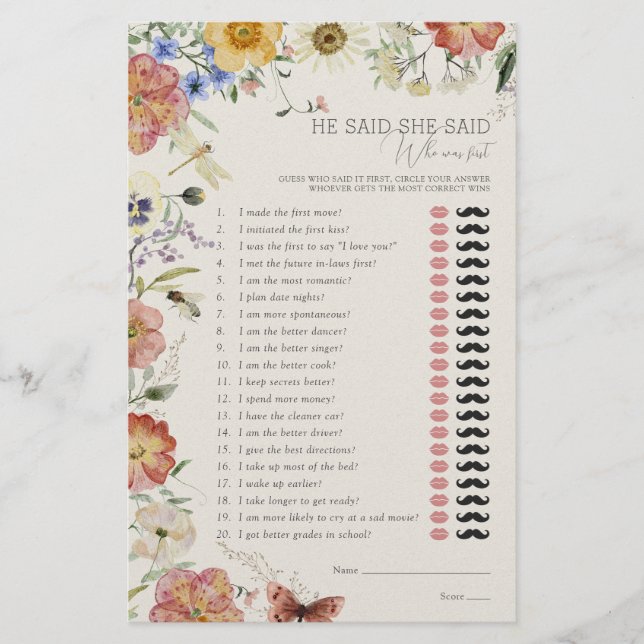 Er sagte, sie sagte, gedrücktes Wildblumen-Duschsp (Vorderseite)