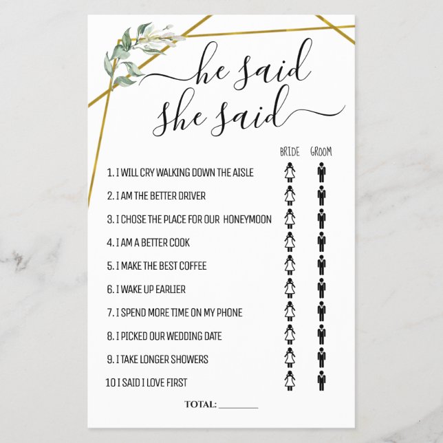 Er sagte, sie sagte "Gold Greenery Shower Game Car Flyer (Vorne)