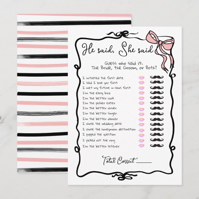 Er sagte, sie sagte, "Hand Drawn Bow Brautparty" Einladung (Vorne/Hinten)