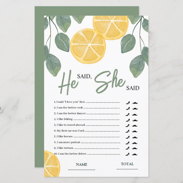 Er sagte, sie sagte, Lemon Brautparty Game (Vorne/Hinten)