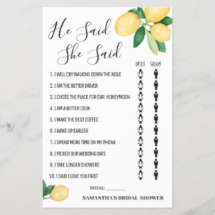 Er sagte, sie sagte Lemon Brautparty Game Card Flyer