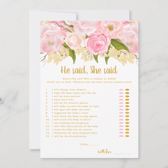 Er sagte, sie sagte, Mädchen Baby Dusche Spielkart Einladung (Vorderseite)