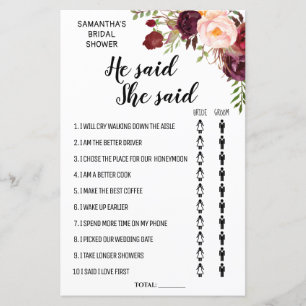 Er sagte, sie sagte Marsala Floral Brautparty Game