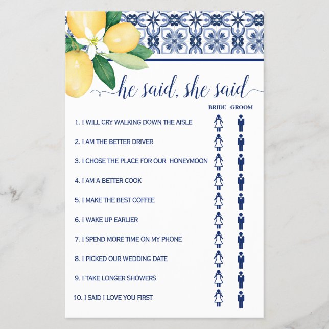 Er sagte, sie sagte, mediterrane Dusche Game Card Flyer (Vorne)