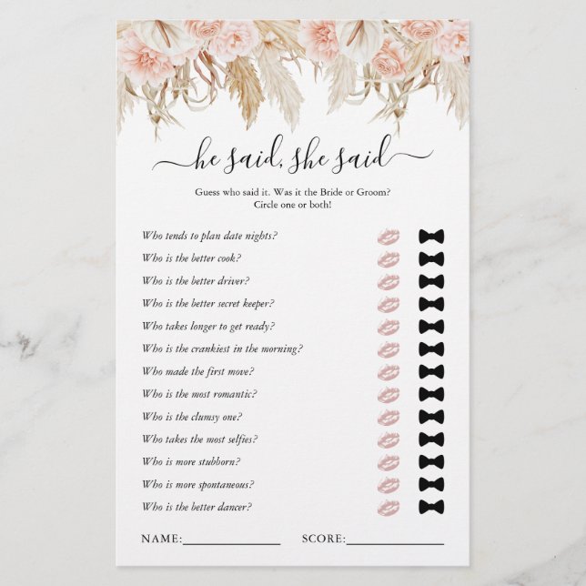 Er sagte, sie sagte Pampas Grass Brautparty Game (Vorderseite)