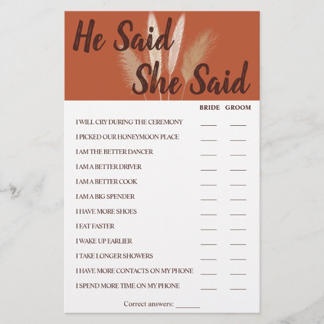 Er sagte, sie sagte Pampas Paare Dusche Spielkarte Flyer (Vorne)