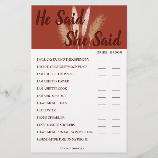 Er sagte, sie sagte Pampas Paare Dusche Spielkarte Flyer (Vorne)