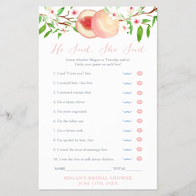 Er sagte, sie sagte Pfirsiche Brautparty Game Card Flyer (Vorne)