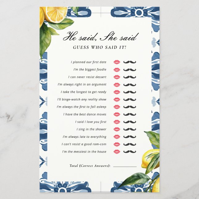 Er sagte, sie sagte Positano Brautparty Game (Vorderseite)