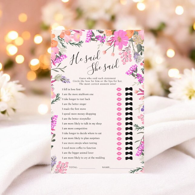 Er sagte, sie sagte, rosa Blumenspiel Brautparty (He said she said pink floral bridal shower game)