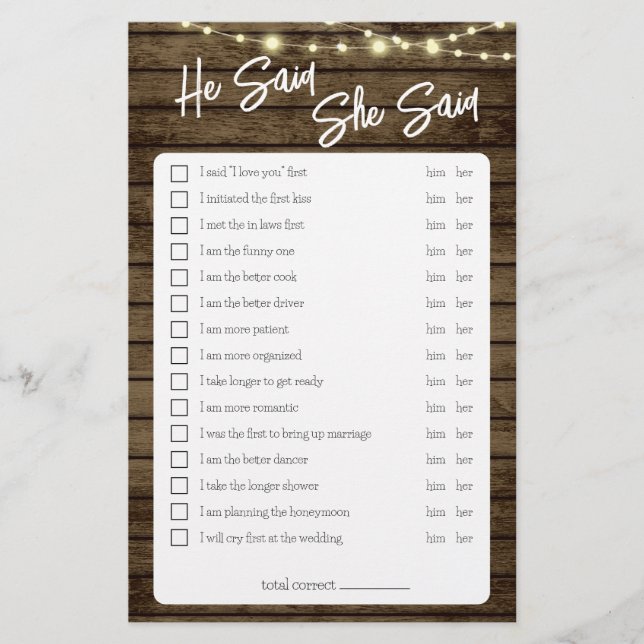 Er sagte, sie sagte, rustikales Duschspiel Flyer (Vorne)