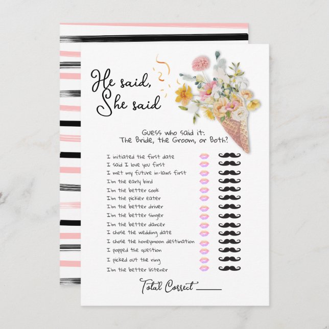 Er sagte, sie sagte Scoopup Brautparty-Spiel Einladung (Vorne/Hinten)