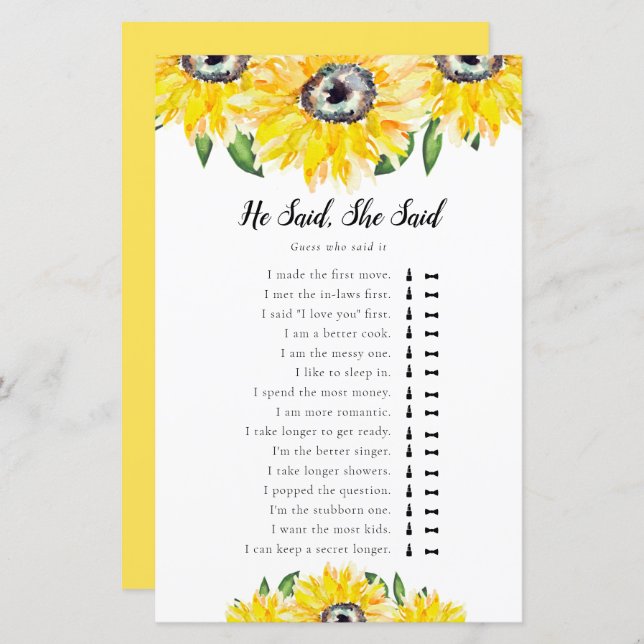 Er sagte, sie sagte Sonnenblumen Brautparty Game (Vorne/Hinten)