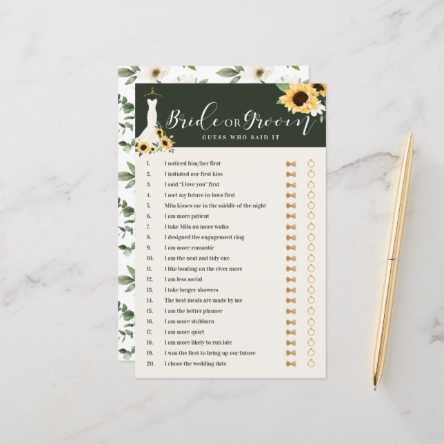 Er sagte, sie sagte Sonnenblumen-Brautparty-Spiel (Vorderseite/Rückseite Beispiel)