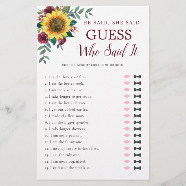 Er sagte, sie sagte Sonnenblumen Burgund Brautpart (Vorderseite)