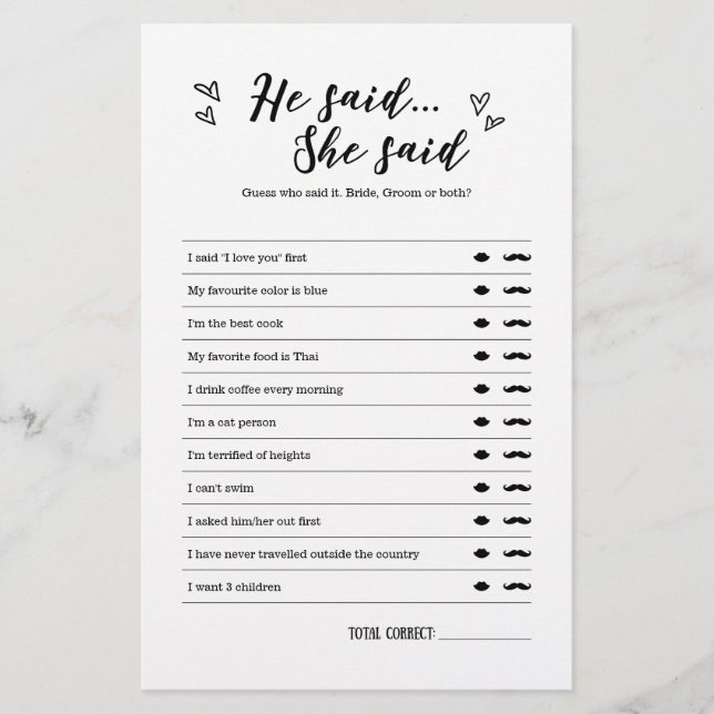 Er sagte, sie sagte Spiel für Hochzeit oder Brautp (Vorderseite)