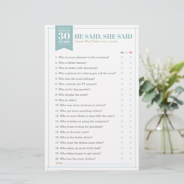 Er sagte, sie sagte Spiel (vollständig anpassbar) (Stehend Vorderseite)