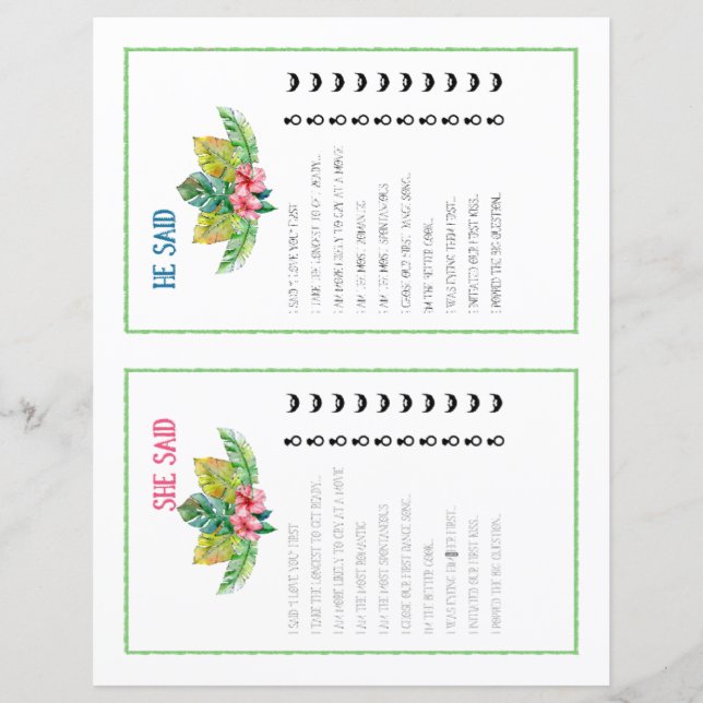 Er sagte, sie sagte Tropical Brautparty Game (Vorderseite)