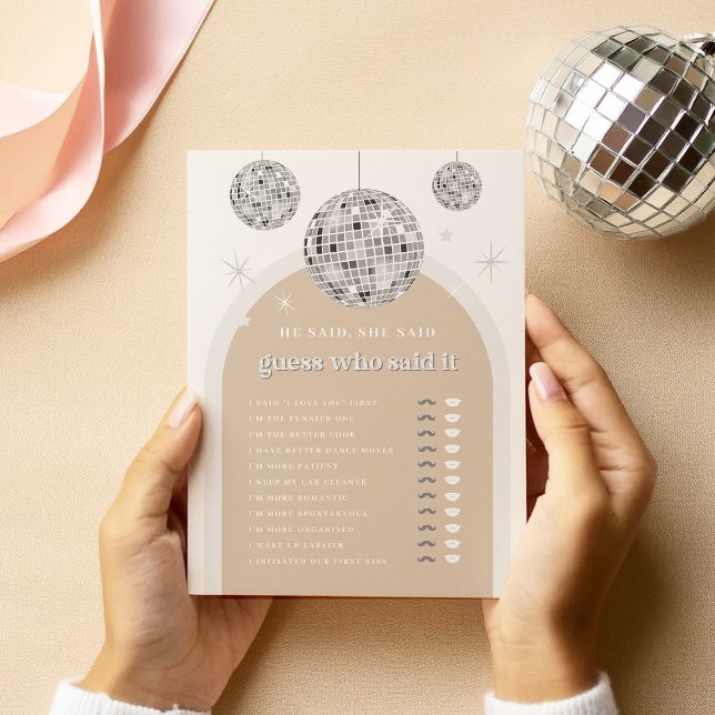 Er sagte: "Silver Disco Bridal Game Card" Einladung (Von Creator hochgeladen)