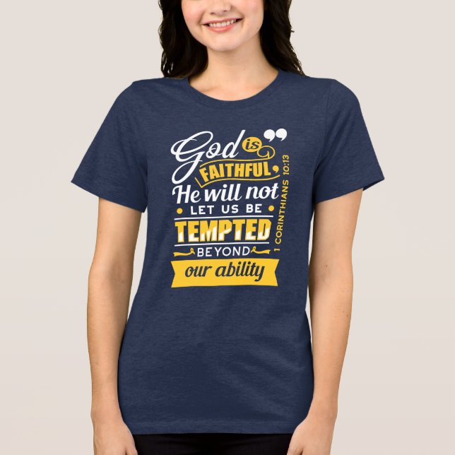 Er wird dich nicht versuchen lassen – Bibelvers Tri-Blend Shirt (Vorderseite)