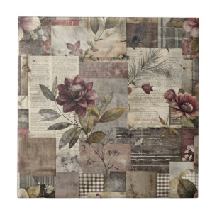 Erb-Blumen-Quilt in Burgund und Braun Fliese