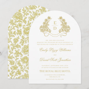 Erb-Gold- und Weiß-Monogramm-Bogen-Hochzeit Einladung