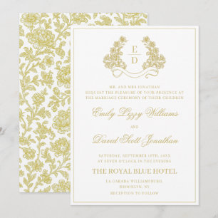 Erb-Gold- und Weiß-Monogramm-Hochzeit Einladung