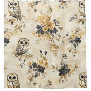 Erbe Beige Eule Botanisches Blumenmuster Duschvorhang