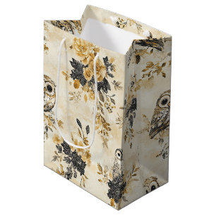 Erbe Beige Eule Botanisches Blumenmuster Mittlere Geschenktüte