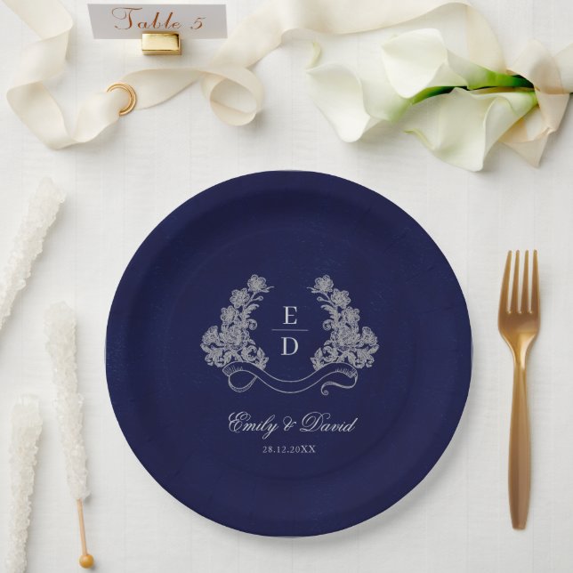 Erbe Florale Wappen Navy Monogramm Hochzeit Pappteller (Hochzeit)