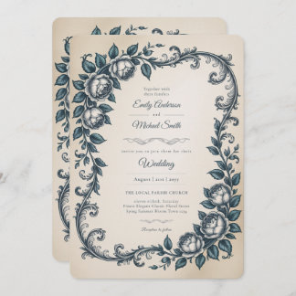 Erbe | Victorian Dusty Blue  Botanische Hochzeit Einladung